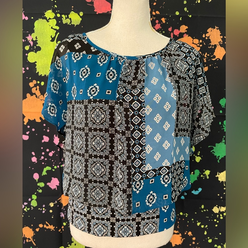 Style & Co Blue, Black, and White Kaleidoscope Pattern Blouse, Petite Size Small